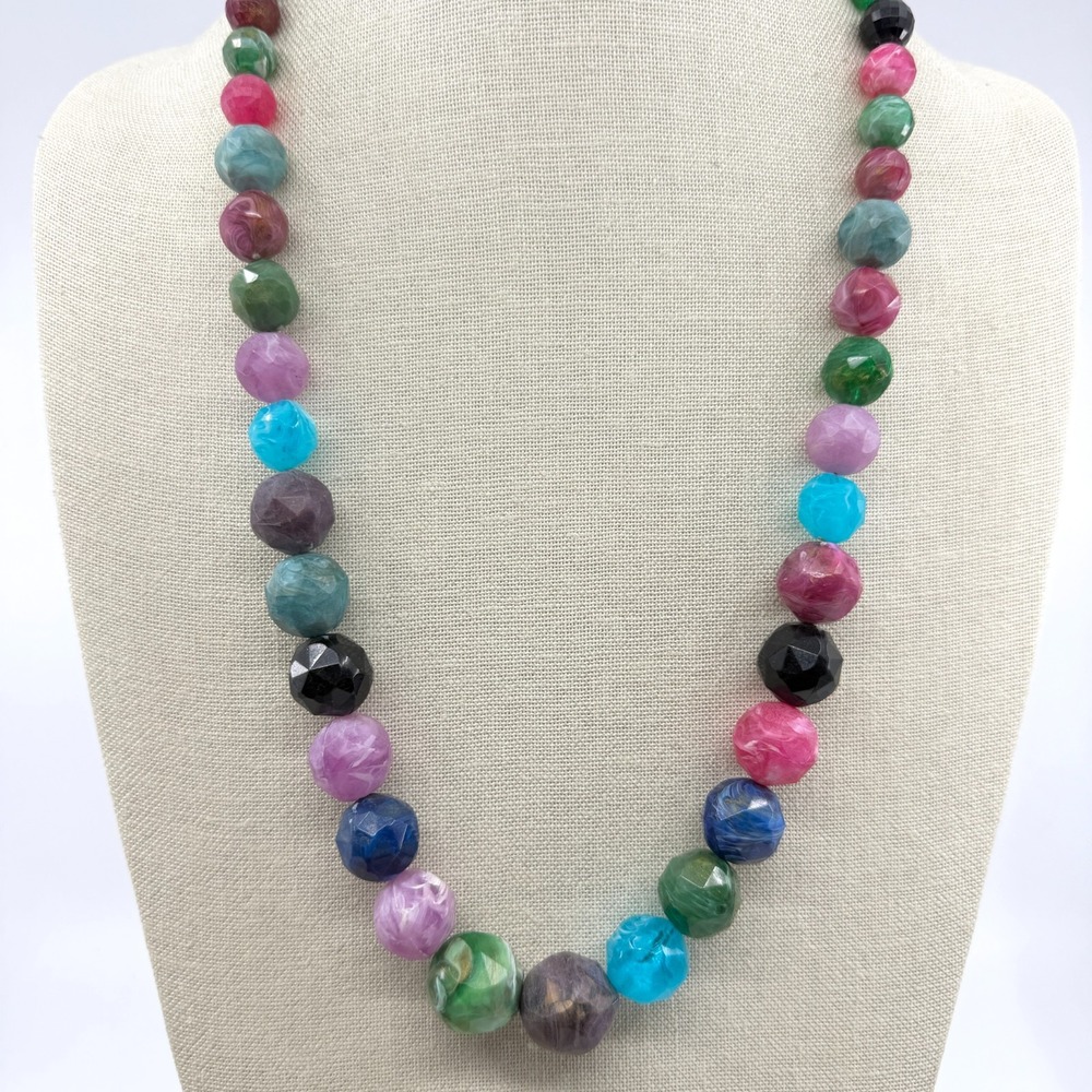 Multicolor Faceted Marbled Bead Long Necklace Chunky Boho Statement Jewelry